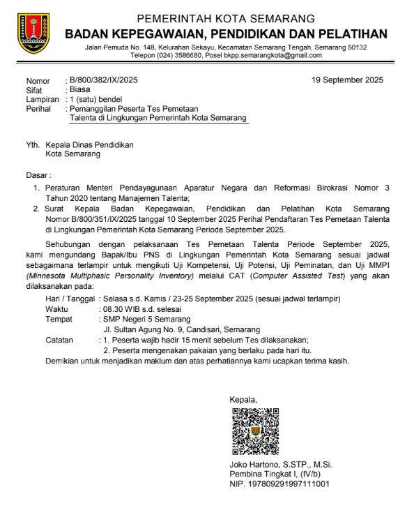 Pemanggilan Peserta Tes Pemetaan Talenta di Lingkungan Pemerintah Kota Semarang